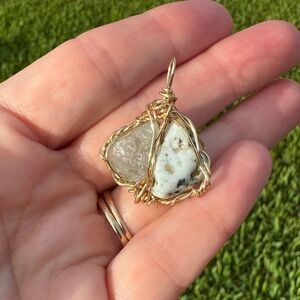 Aquamarine & Larimar Gold Wire Wrapped Stone Pendant Necklace